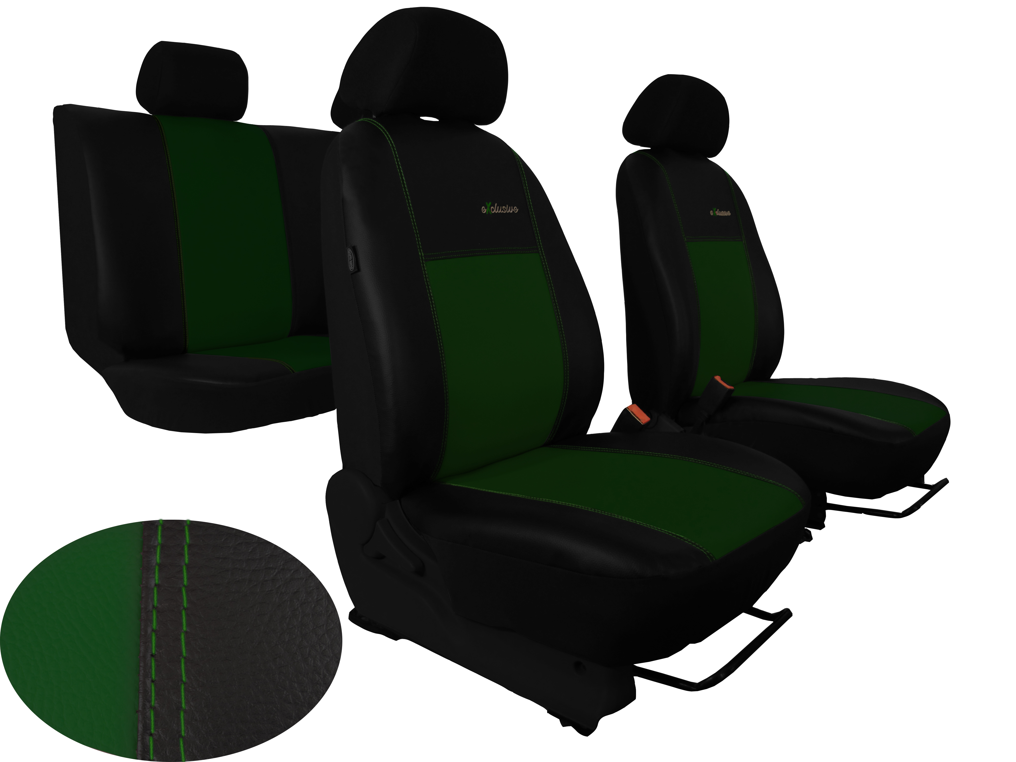 Autopotahy Škoda Fabia I, kožené EXCLUSIVE černozelené, dělené zadní sedadla, 5 opěrek hla